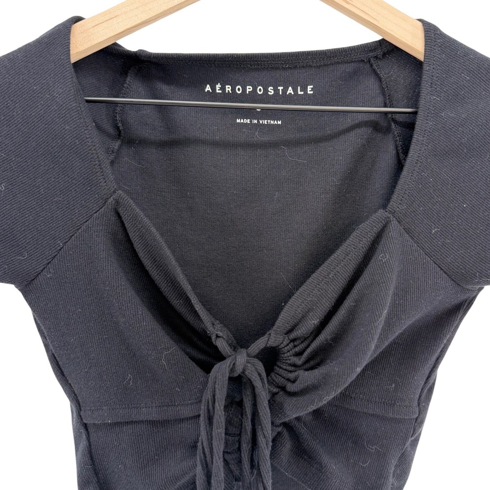 Aeropostale Y2K Black Ribbed Tie Front Crop Top Short Sleeve Sweetheart Neck S - Picture 3 of 8